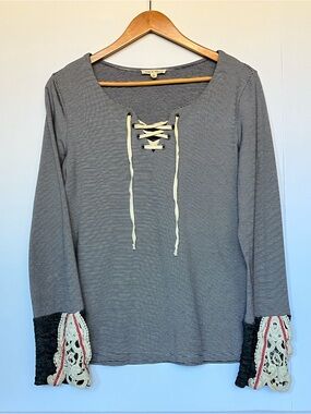 Hem & Thread Boho Striped Lace Up Top Crochet Statement Cuff